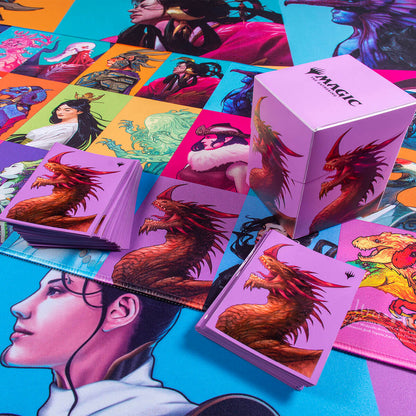 A Magic: The Gathering Commander Masters Pop Collage 8ft Table Playmat featuring dragons and various character art.