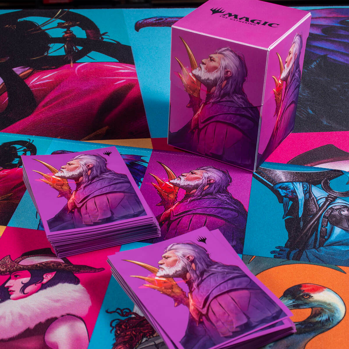 A Magic: The Gathering Commander Masters Pop Collage 8ft Table Playmat featuring artwork from the game.