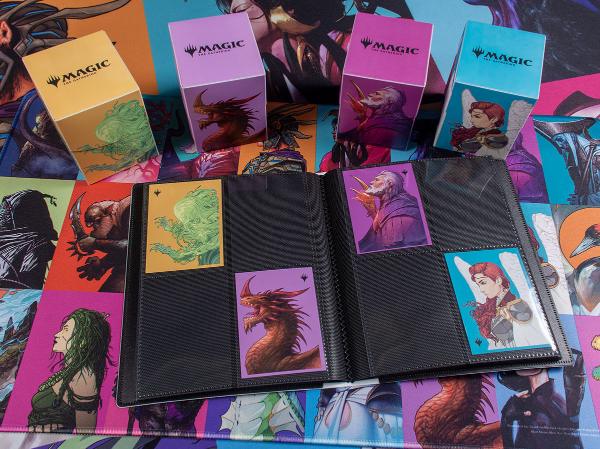 A black 4-pocket PRO-BINDER for Magic: The Gathering cards, featuring Commander Masters Pop Collage artwork. Brand: Ultra PRO, Item: Commander Masters Pop Collage 4-Pocket PRO-BINDER®.
