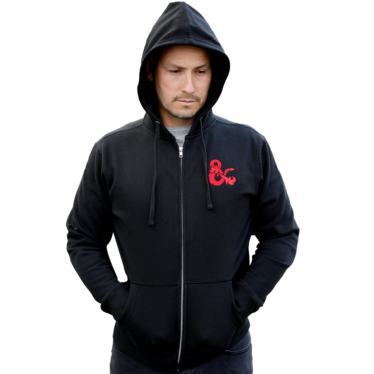 A Black Zip-Up Hoodie with a Red Dungeons & Dragons Logo. Brand: Legion Supplies, Item: Dungeons & Dragons Zip-Up Hoodie - Black with Red D&D Logo
