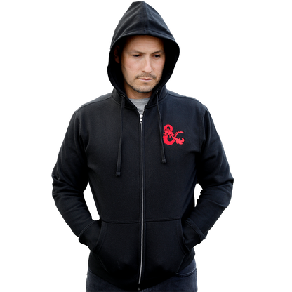 A Black Zip-Up Hoodie with a Red Dungeons & Dragons Logo. Brand: Legion Supplies, Item: Dungeons & Dragons Zip-Up Hoodie - Black with Red D&D Logo