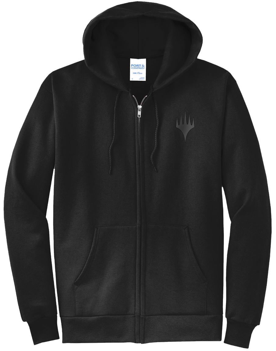 A black zip-up hoodie with the Magic: The Gathering logo. Brand: MTG PRO Shop, Item: Dark Ritual Hoodie for Magic: The Gathering