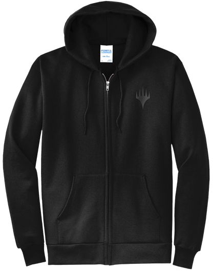 A black zip-up hoodie with the Magic: The Gathering logo. Brand: MTG PRO Shop, Item: Dark Ritual Hoodie for Magic: The Gathering
