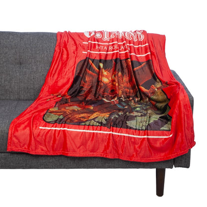 A red Dungeons and Dragons plush throw blanket featuring artwork from the classic Red Box.