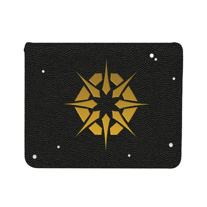 A black leather-textured ALCOVE Edge DECK BOX featuring a gold starburst emblem. Brand: Unknown, Item: Edge of Eternities Adagia, Windswept Bastion ALCOVE Edge DECK BOX
