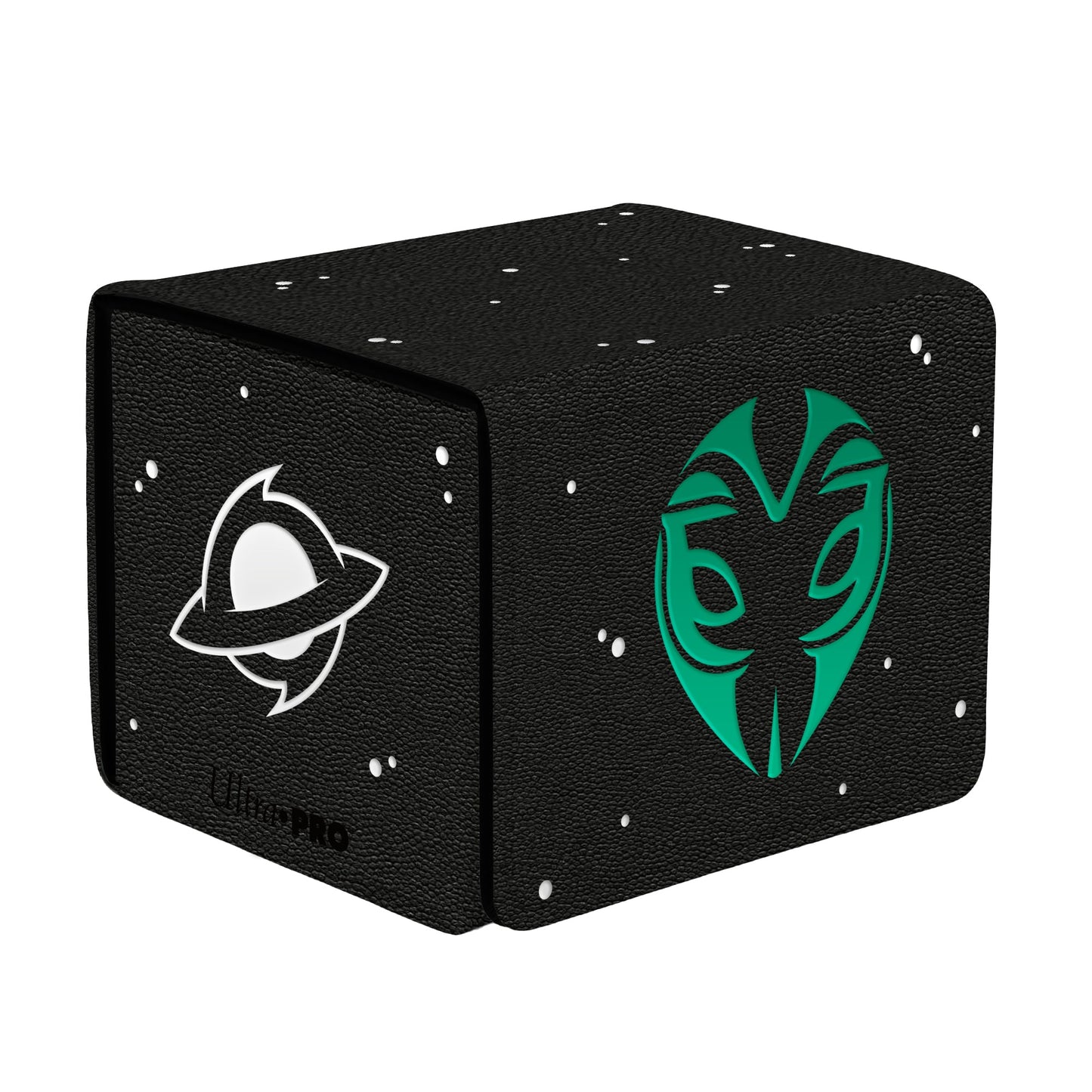 A black deck box featuring the Waking Haven logo and the Edge of Eternities logo. Brand: Ultra PRO, Item: Edge of Eternities Evendo, Waking Haven ALCOVE® Edge DECK BOX®