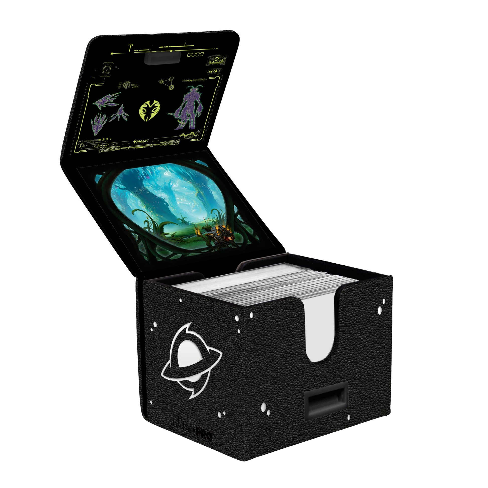 A black textured Alcove Edge Deck Box for Magic: The Gathering featuring the Waking Haven art on the lid and a space-themed logo on the front. Brand: Ultra PRO, Item: Edge of Eternities Evendo, Waking Haven ALCOVE® Edge DECK BOX®.