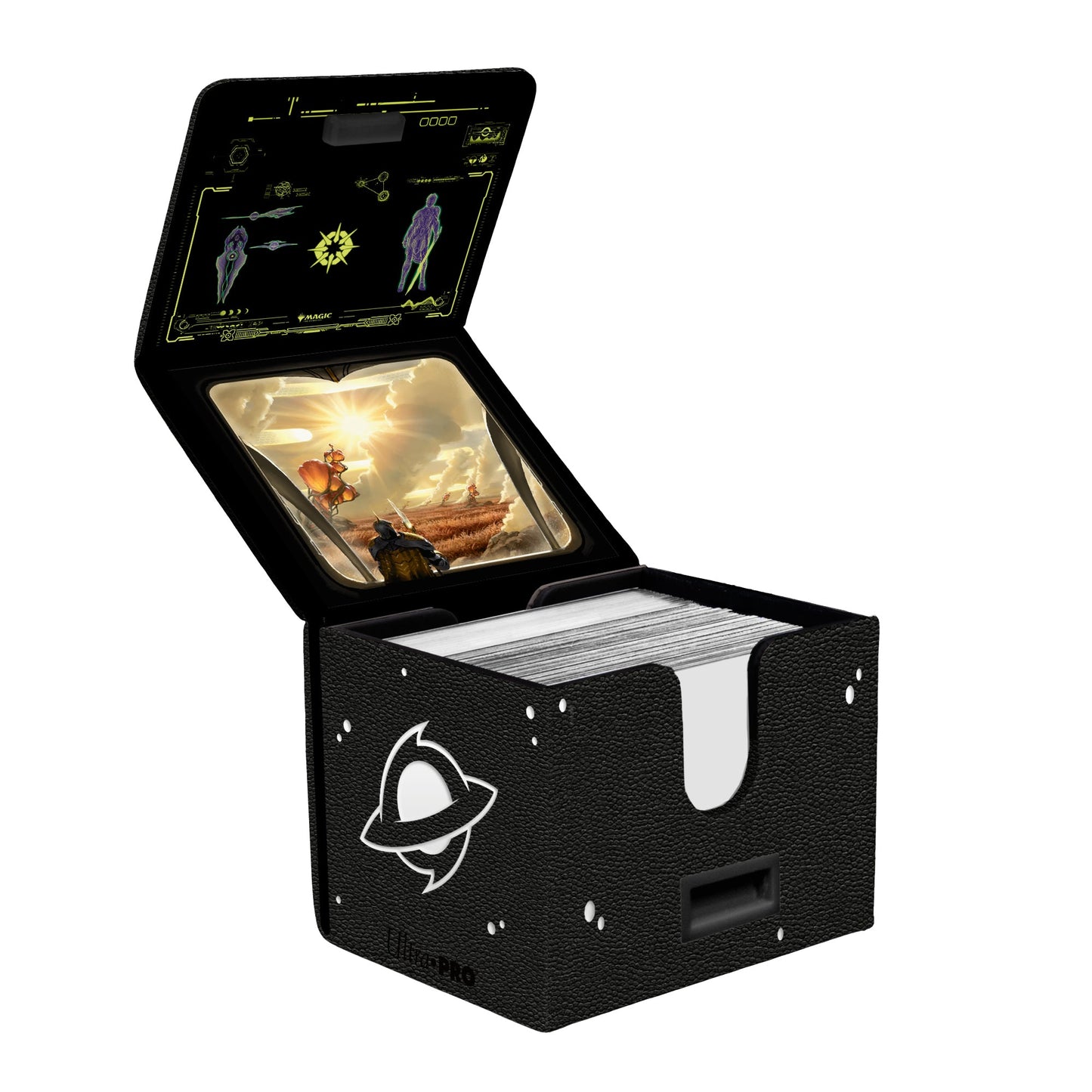 A black Magic: The Gathering Alcove Edge Deck Box featuring the Edge of Eternities Adagia, Windswept Bastion art. Brand: Ultra PRO, Item: Edge of Eternities Adagia, Windswept Bastion ALCOVE® Edge DECK BOX® for Magic: The Gathering.