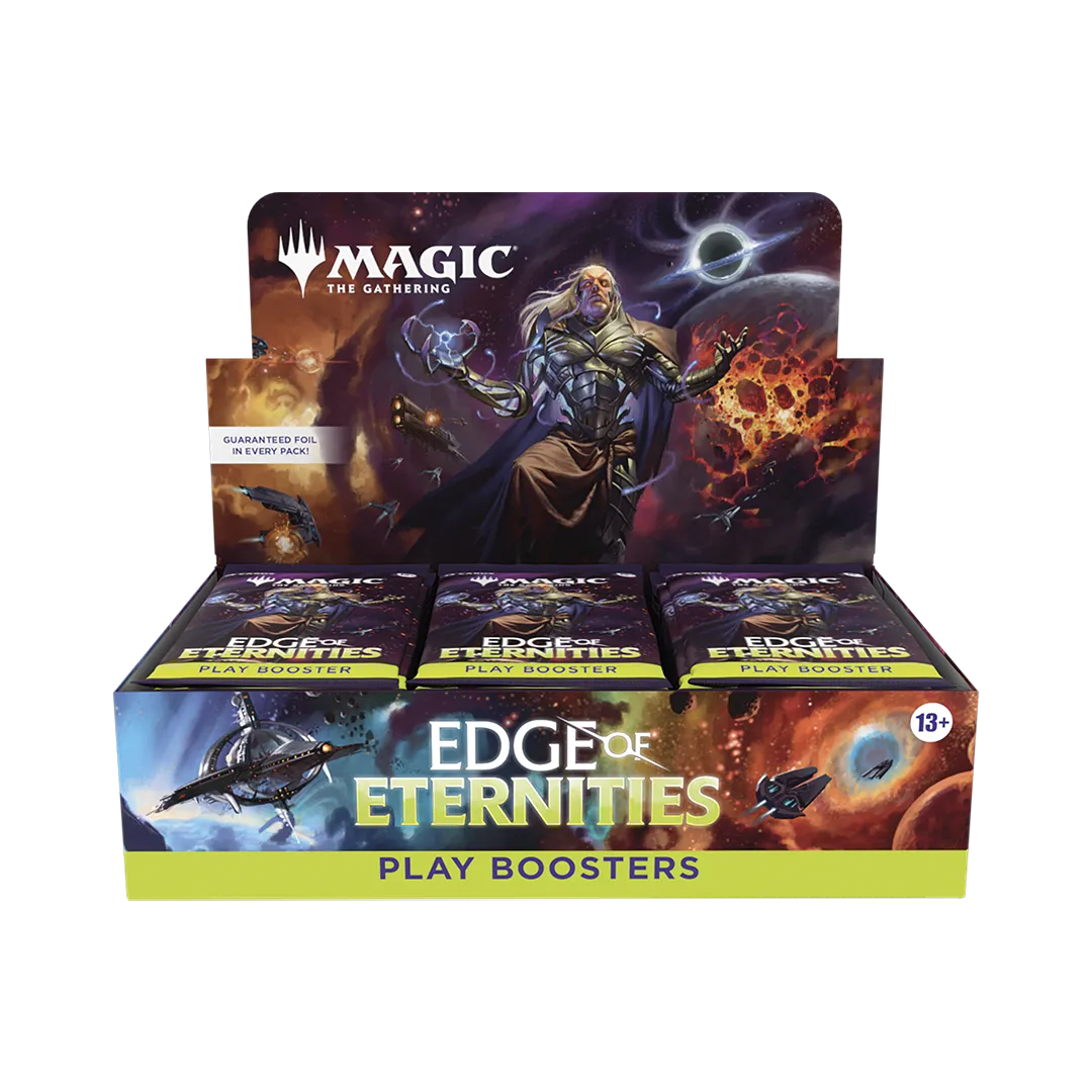 A sealed Magic: The Gathering Edge of Eternities Play Booster Box featuring artwork of a powerful sorcerer overlooking a cosmic battlefield. Publisher: Magic: The Gathering, Game: Magic: The Gathering, Set: Edge of Eternities (WOE)
