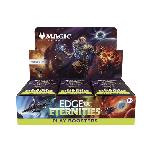 A sealed Magic: The Gathering Edge of Eternities Play Booster Box featuring artwork of a powerful sorcerer overlooking a cosmic battlefield. Publisher: Magic: The Gathering, Game: Magic: The Gathering, Set: Edge of Eternities (WOE)