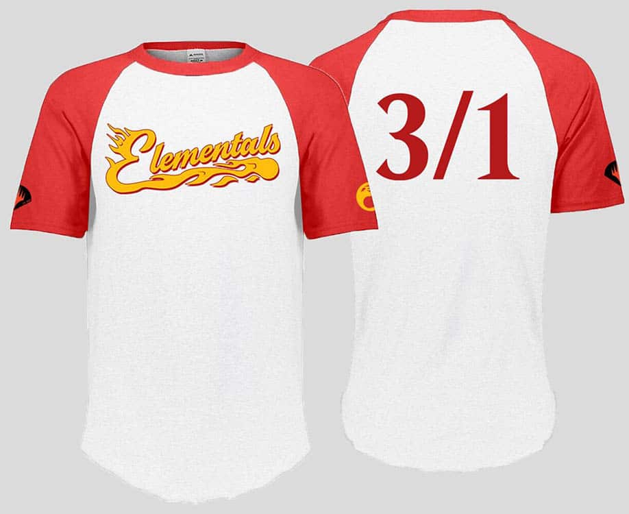 A white and red raglan sleeve t-shirt with the "Elementals" logo on the front and "3/1" on the back. Brand: MTG PRO Shop, Item: Elementals Sports Team T-Shirt for Magic: The Gathering