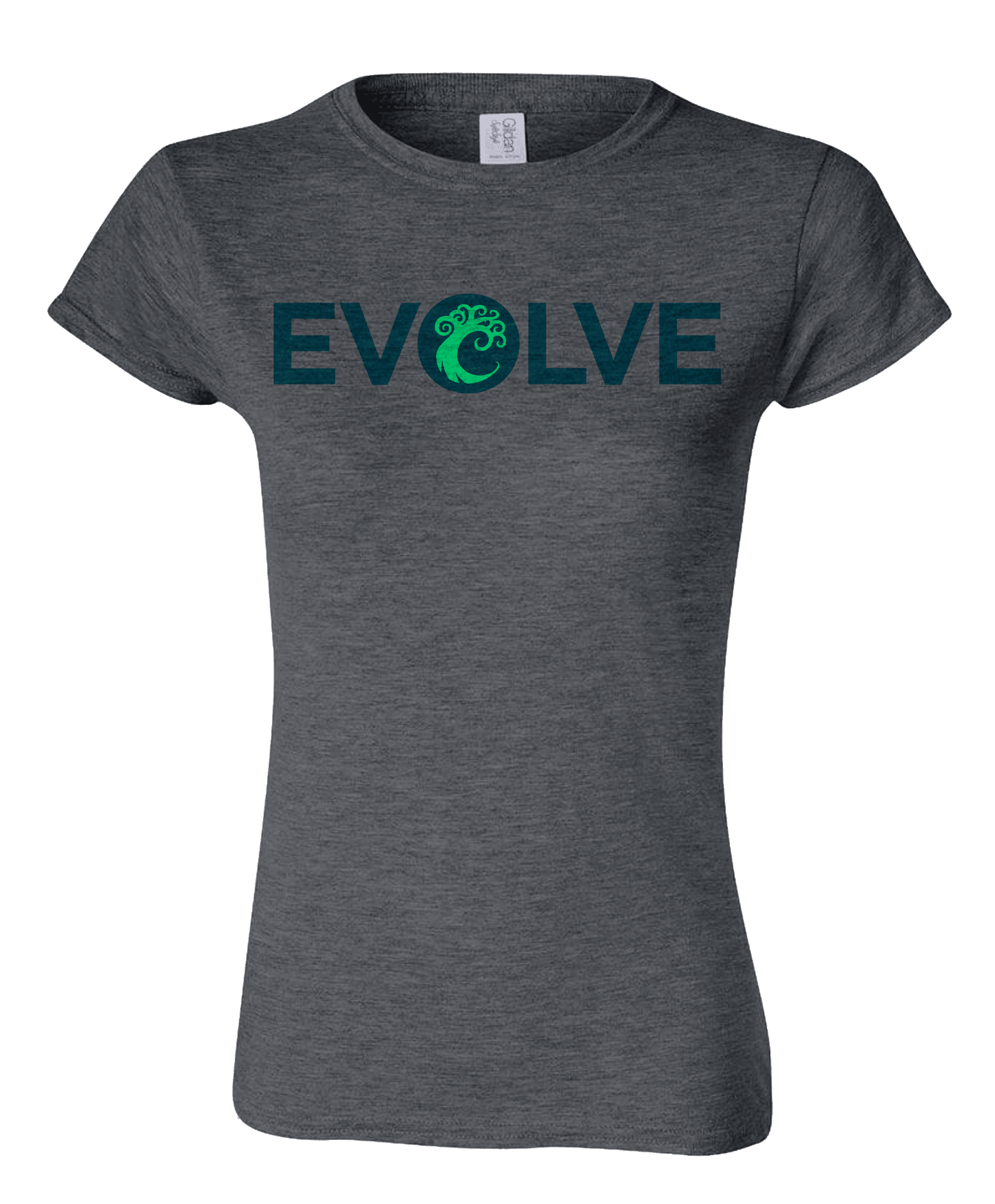 A dark grey women's t-shirt with the word EVOLVE in teal and a green Simic creature symbol. Brand: MTG PRO Shop, Item: Guild Word Women's Simic EVOLVE T-Shirt for Magic: The Gathering