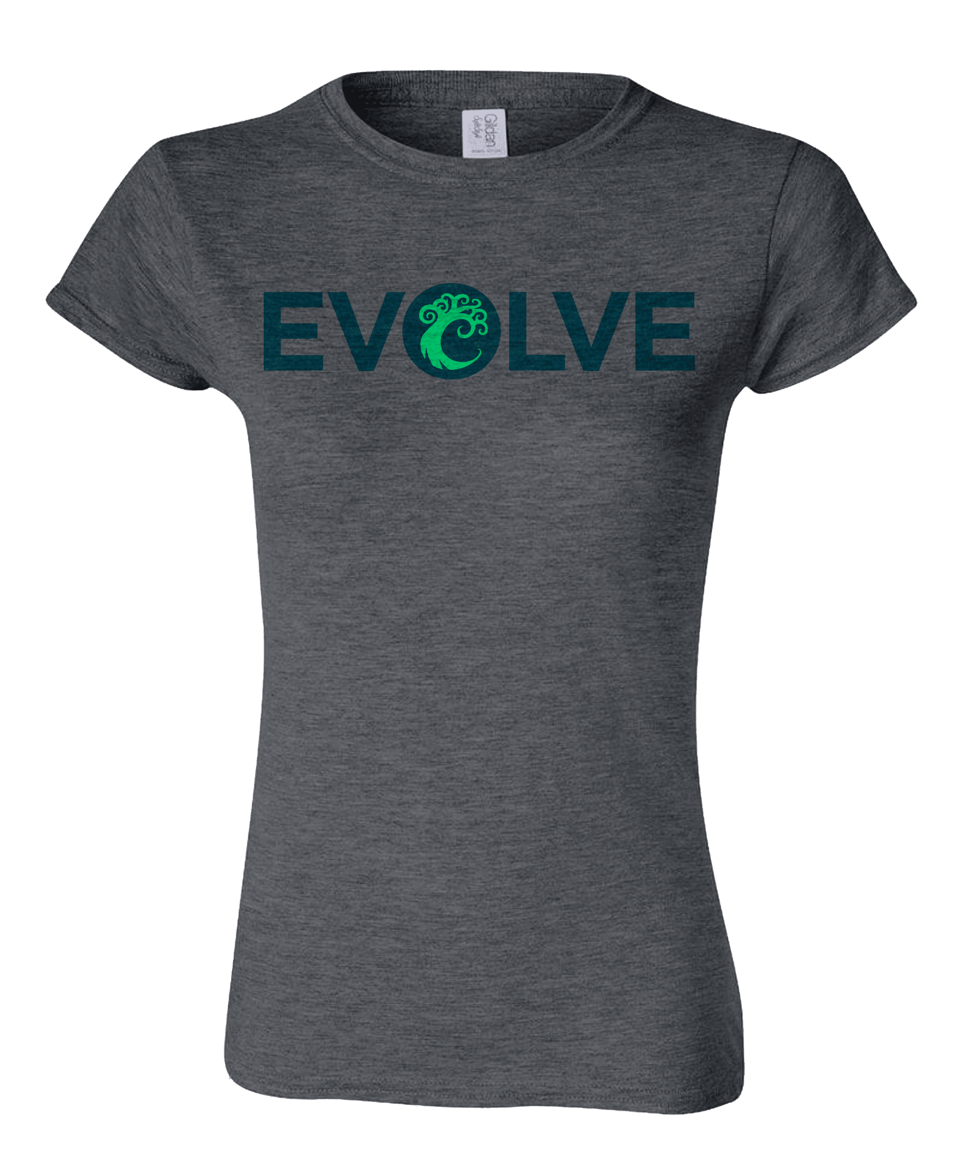 A dark grey women's t-shirt with the word EVOLVE in teal and a green Simic creature symbol. Brand: MTG PRO Shop, Item: Guild Word Women's Simic EVOLVE T-Shirt for Magic: The Gathering