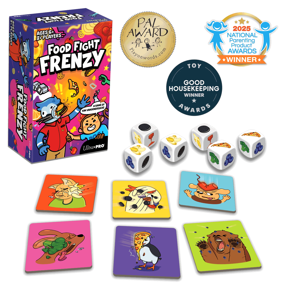 A colorful board game box for Food Fight Frenzy, along with dice and game cards, showcasing cartoon characters and food items.