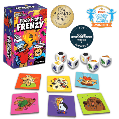 A colorful board game box for Food Fight Frenzy, along with dice and game cards, showcasing cartoon characters and food items.