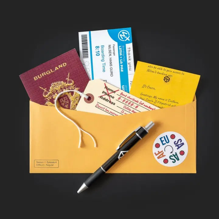 A sealed Escape Mail Family Secrets Series: Episode 4 - On the Run pack featuring passport, boarding pass, and clue card.