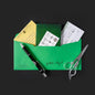 A sealed Family Secrets Series: Episode 11 - Perilous Choices envelope from Escape Mail, featuring a green envelope with various documents and a pen.