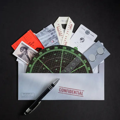 A sealed Escape Mail Family Secrets Series: Episode 2 - Missing Person envelope with various clues and a pen.