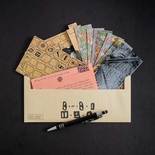 Collection of clues and printed paper in an open envelope and a black pen on a dark background
