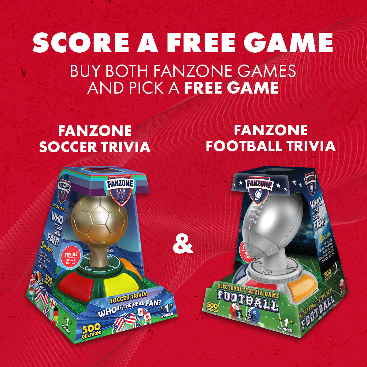 A red textured background with "SCORE A FREE GAME" text and two Fanzone Trivia games, one soccer-themed and one football-themed.