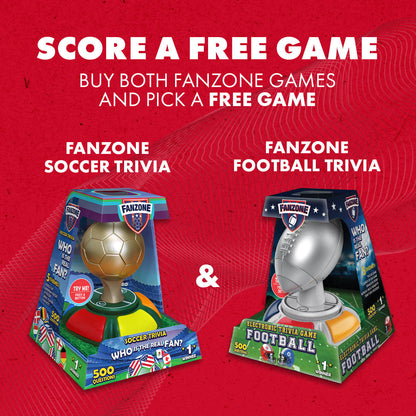 A red textured background with "SCORE A FREE GAME" text and two Fanzone Trivia games, one soccer-themed and one football-themed.