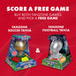A red textured background with "SCORE A FREE GAME" text and two Fanzone Trivia games, one soccer-themed and one football-themed.