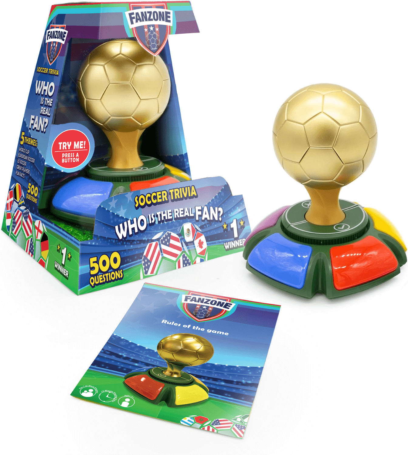 A gold soccer ball trivia game with colorful buttons. Brand: Fanzone, Item: Soccer Trivia Who is the Real Fan?