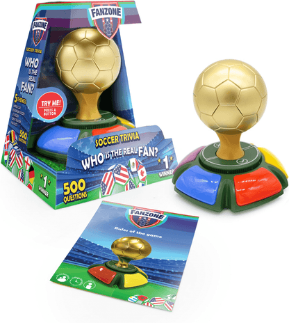 A gold soccer ball trivia game with colorful buttons. Brand: Fanzone, Item: Soccer Trivia Who is the Real Fan?