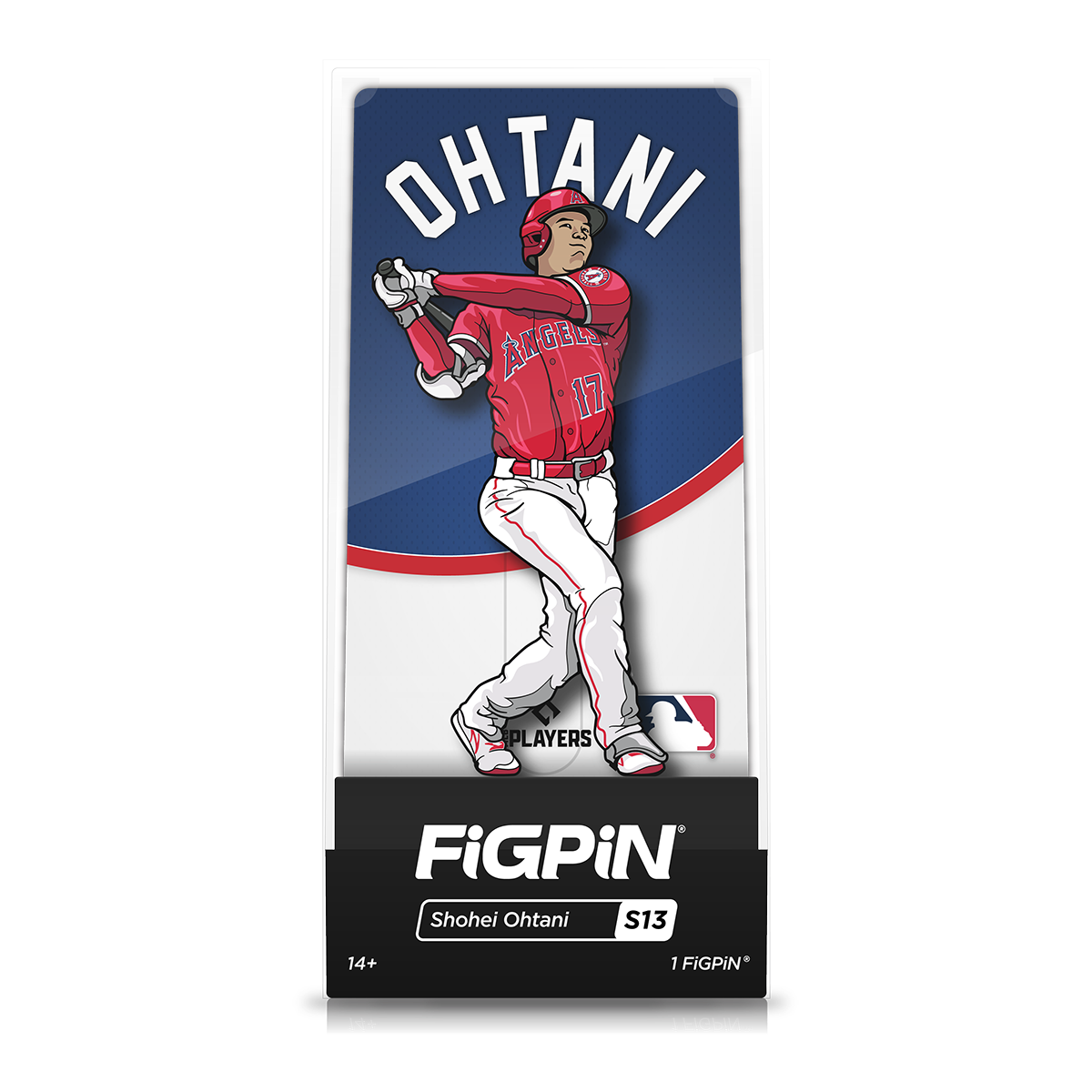 A collectible FiGPiN of Shohei Ohtani in his Los Angeles Angels uniform, swinging a baseball bat.