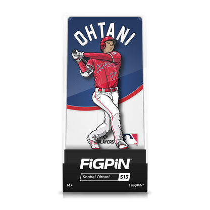 A collectible FiGPiN of Shohei Ohtani in his Los Angeles Angels uniform, swinging a baseball bat.