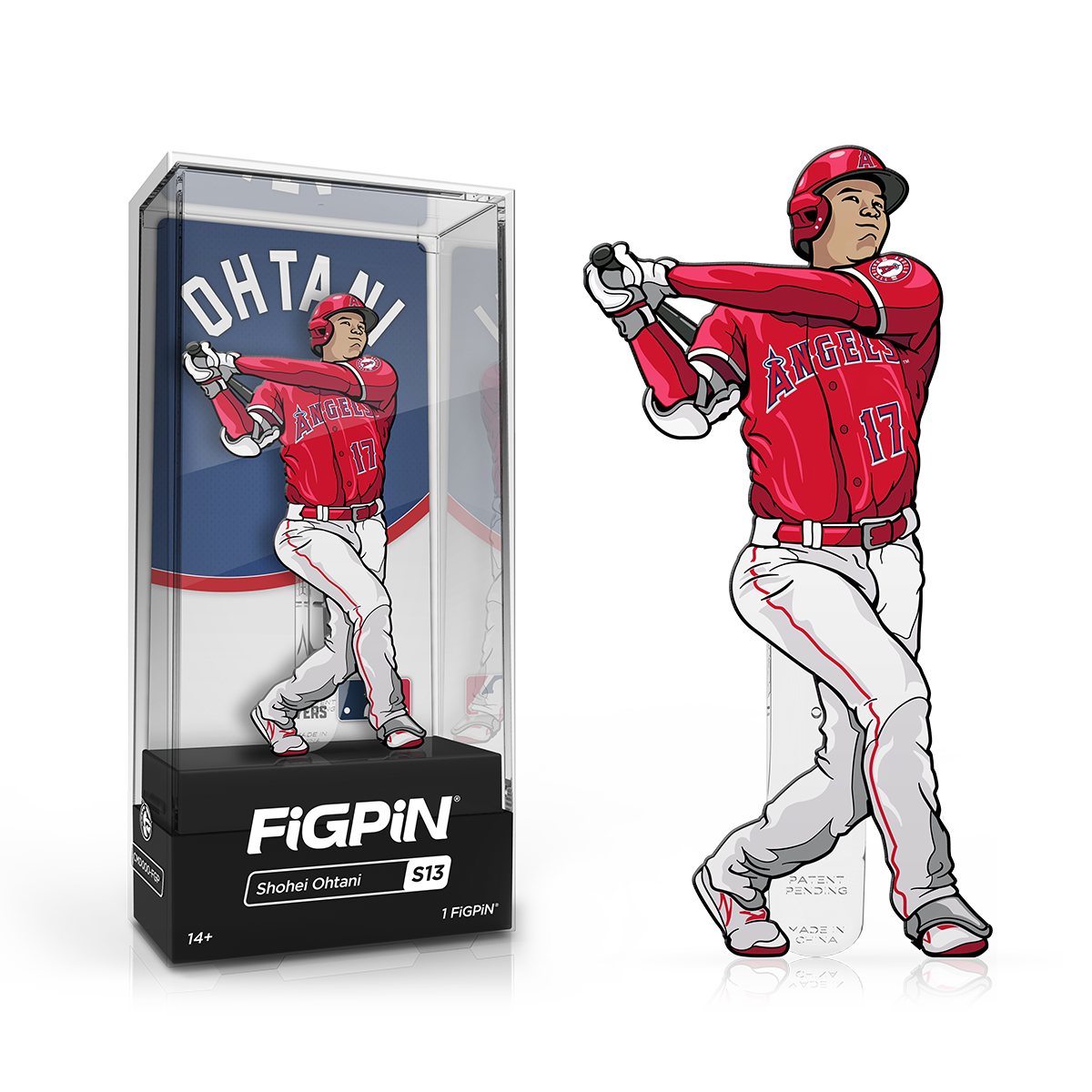 A red and white FiGPiN collectible of Shohei Ohtani in his baseball uniform, shown both in its display case and standing alone. Brand: FiGPiN, Item: MLB Shohei Ohtani