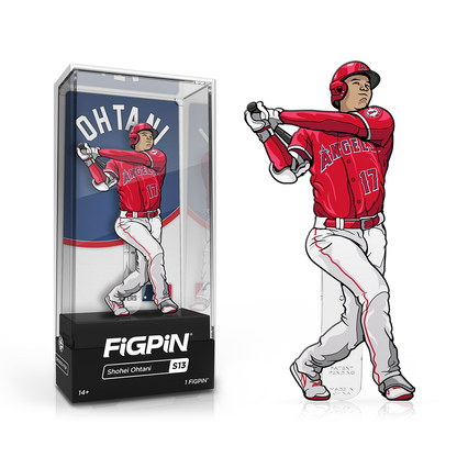 A red and white FiGPiN collectible of Shohei Ohtani in his baseball uniform, shown both in its display case and standing alone. Brand: FiGPiN, Item: MLB Shohei Ohtani