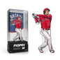 A red and white FiGPiN collectible of Shohei Ohtani in his baseball uniform, shown both in its display case and standing alone. Brand: FiGPiN, Item: MLB Shohei Ohtani