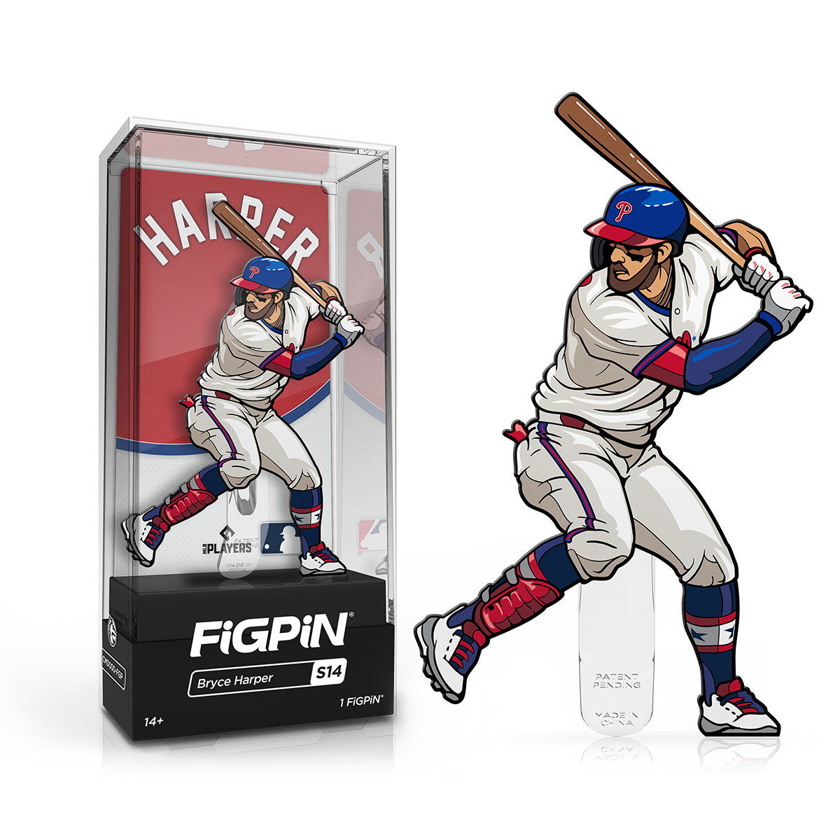 A FiGPiN MLB Bryce Harper collectible figure in its display case. Brand: FiGPiN, Item: Bryce Harper S14.