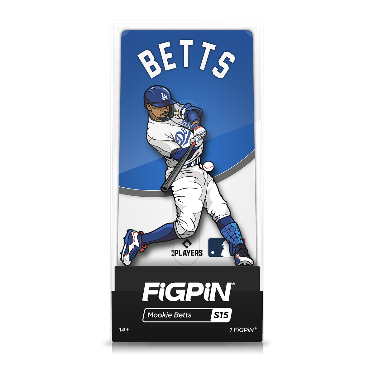 A blue and white FiGPiN collectible of Mookie Betts batting. Brand: FiGPiN, Item: MLB Mookie Betts
