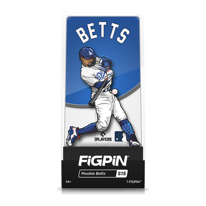 A blue and white FiGPiN collectible of Mookie Betts batting. Brand: FiGPiN, Item: MLB Mookie Betts