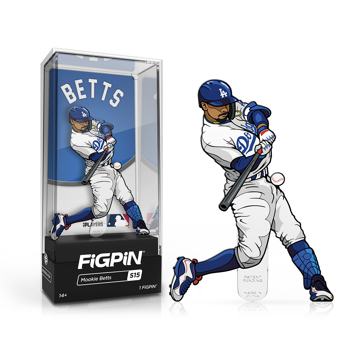 A blue and white FiGPiN collectible of Mookie Betts batting. Brand: FiGPiN, Item: MLB Mookie Betts