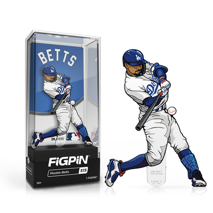 A blue and white FiGPiN collectible of Mookie Betts batting. Brand: FiGPiN, Item: MLB Mookie Betts