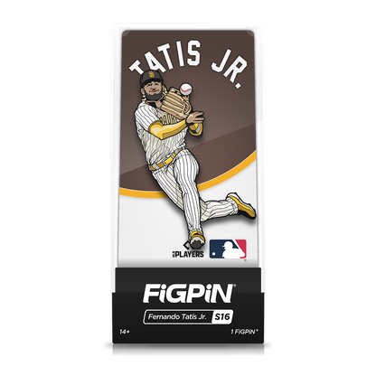 A FiGPiN collectible of Fernando Tatis Jr. in his San Diego Padres uniform, catching a baseball. Brand: FiGPiN, Item: MLB Fernando Tatis Jr.