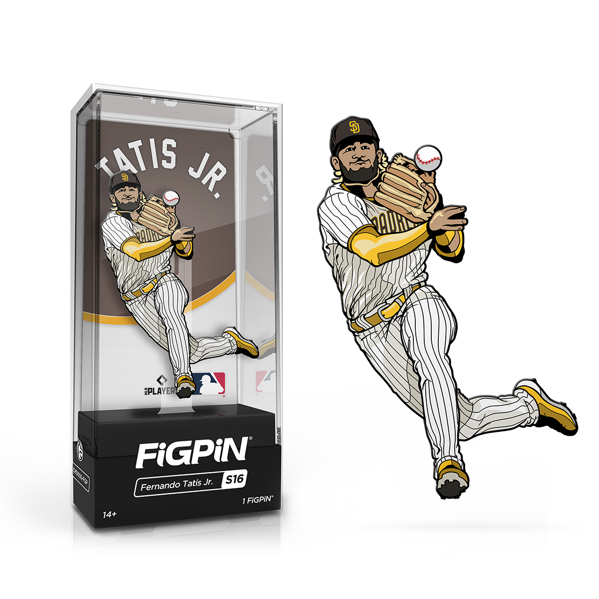 A FiGPiN collectible of Fernando Tatis Jr. in his San Diego Padres uniform, catching a baseball. Brand: FiGPiN, Item: MLB Fernando Tatis Jr.