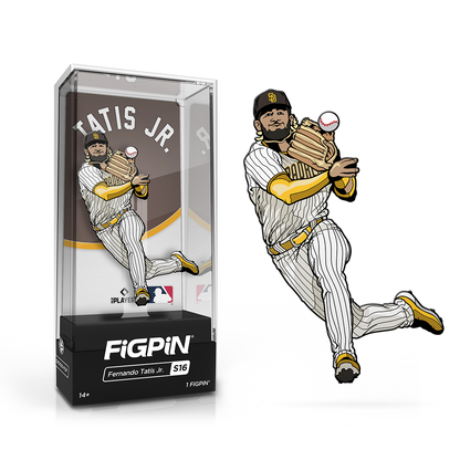 A FiGPiN collectible of Fernando Tatis Jr. in his San Diego Padres uniform, catching a baseball. Brand: FiGPiN, Item: MLB Fernando Tatis Jr.