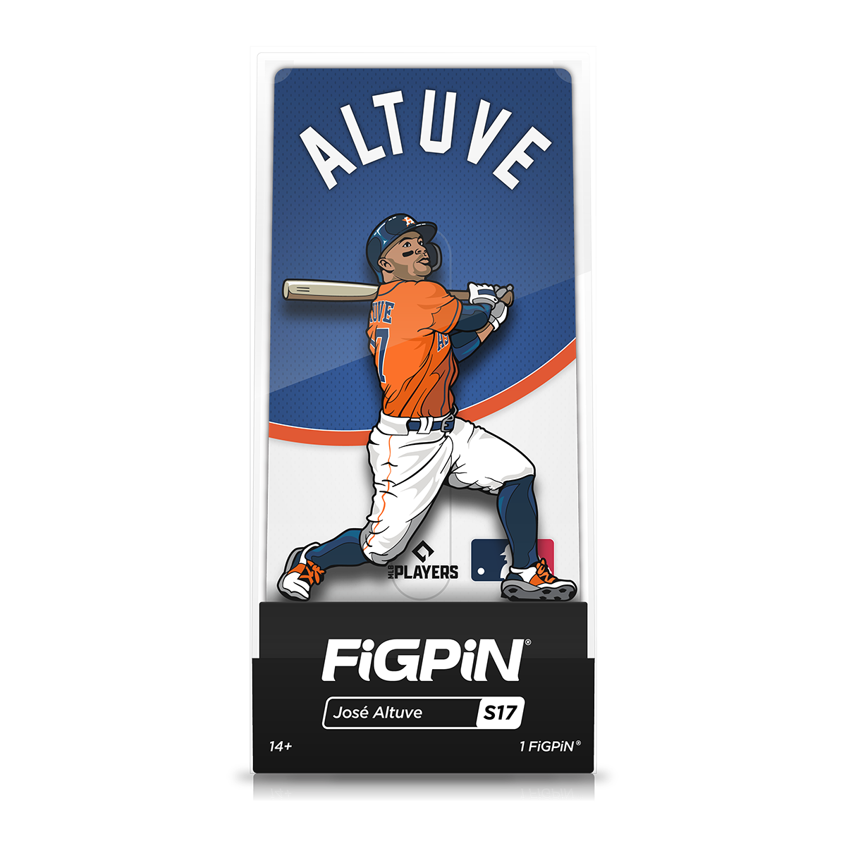 A collectible FiGPiN of MLB player Jose Altuve in his Houston Astros uniform, swinging a baseball bat.