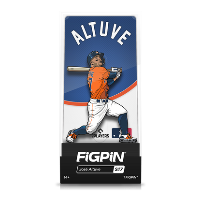 A collectible FiGPiN of MLB player Jose Altuve in his Houston Astros uniform, swinging a baseball bat.