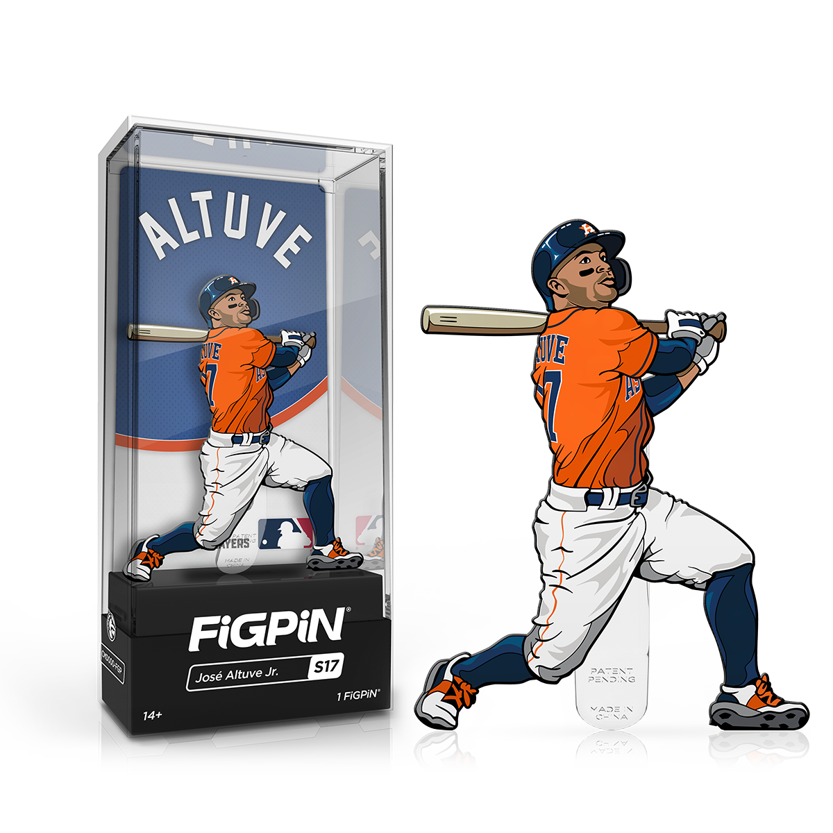 A collectible FiGPiN of MLB player Jose Altuve in his Houston Astros uniform, swinging a baseball bat. Brand: FiGPiN, Item: MLB Jose Altuve.