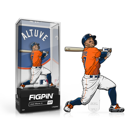 A collectible FiGPiN of MLB player Jose Altuve in his Houston Astros uniform, swinging a baseball bat. Brand: FiGPiN, Item: MLB Jose Altuve.