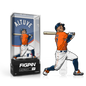 A collectible FiGPiN of MLB player Jose Altuve in his Houston Astros uniform, swinging a baseball bat. Brand: FiGPiN, Item: MLB Jose Altuve.