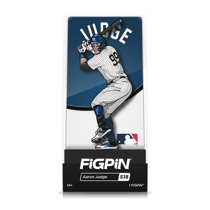 A FiGPiN collectible of Aaron Judge in his New York Yankees uniform, holding a baseball bat.