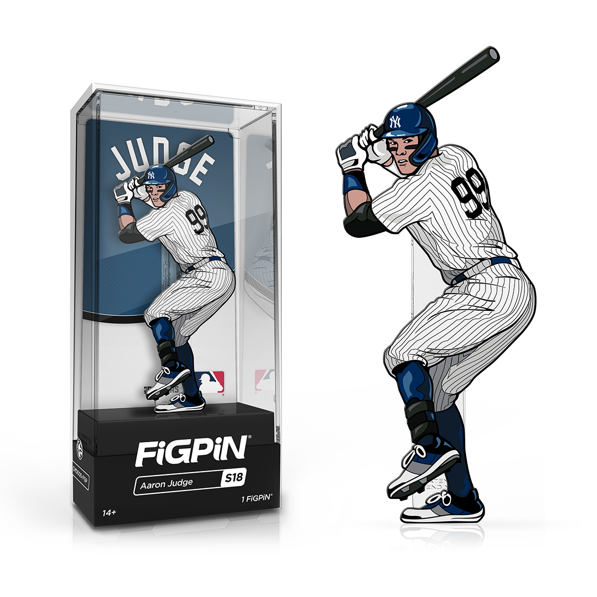 A FiGPiN MLB Aaron Judge collectible figure in its display case.