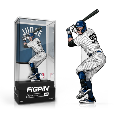 A FiGPiN MLB Aaron Judge collectible figure in its display case.