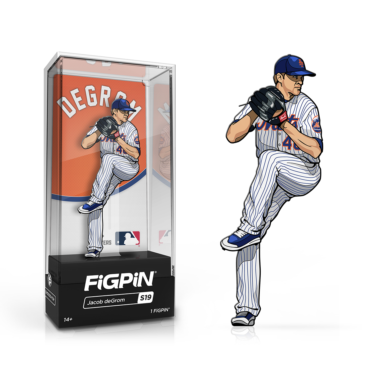 A FiGPiN MLB Jacob deGrom collectible figure in its display case.